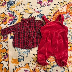 Ralph Lauren Red Plaid Baby shirt with Velvet Footie Overall  Set
